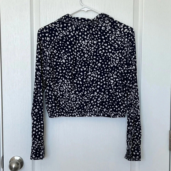 Free People Navy Printed Button Down Crop Top Blue White Size XS - Picture 6 of 13